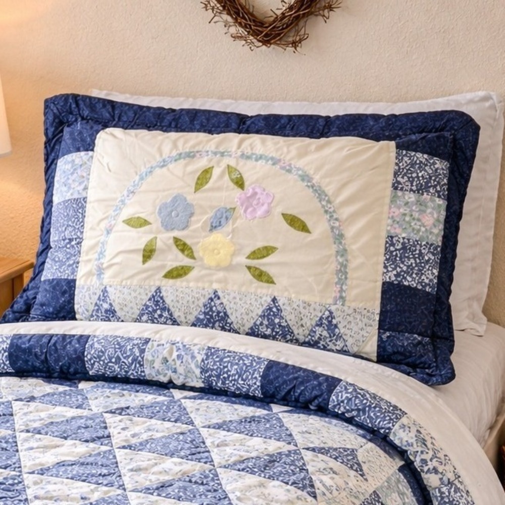 Patchwork Baby Quilt Floral Applique‎ Blue White Cottagecore Standard Sham